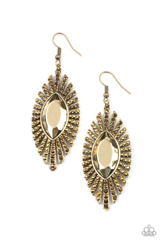 Dotted in dainty aurum rhinestones, flared rectangular frames fan out from an oversized brass marquise shaped center, creating a dramatic effect. Earring attaches to a standard fishhook fitting. 