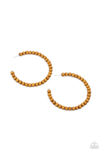 Brown wooden beads are threaded along a dainty wire, creating an earthy hoop. Earring attaches to a standard post fitting. Hoop measures approximately 2 1/2