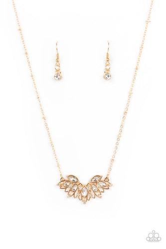 Dotted in a dainty collection of classic round and regal marquise cut rhinestones, airy gold petals fan out below the collar, creating a stunning pendant. Features an adjustable clasp closure.