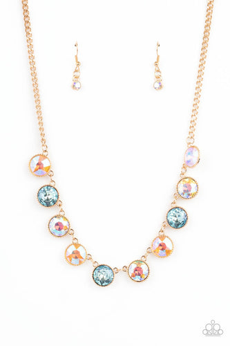 Featuring a UV iridescence, a sparkling display of peach, blue, and golden gems are encased into delicately textured gold frames as they link below the collar, creating a majestic statement piece. Features an adjustable clasp closure. 