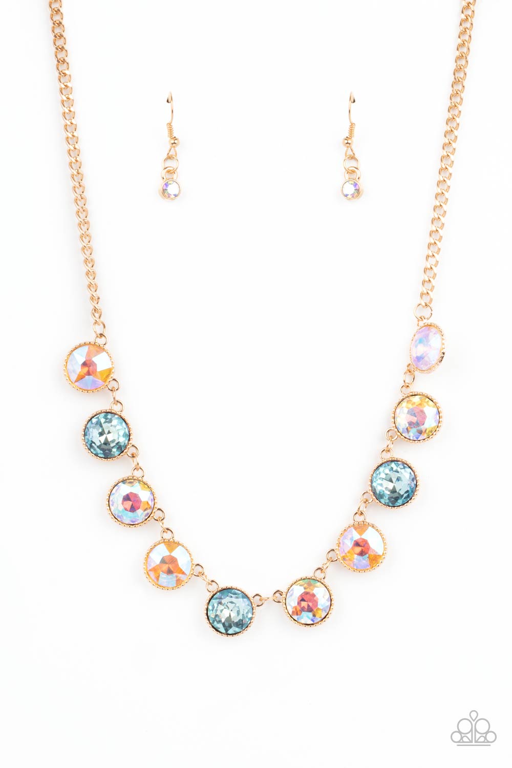 Featuring a UV iridescence, a sparkling display of peach, blue, and golden gems are encased into delicately textured gold frames as they link below the collar, creating a majestic statement piece. Features an adjustable clasp closure. 