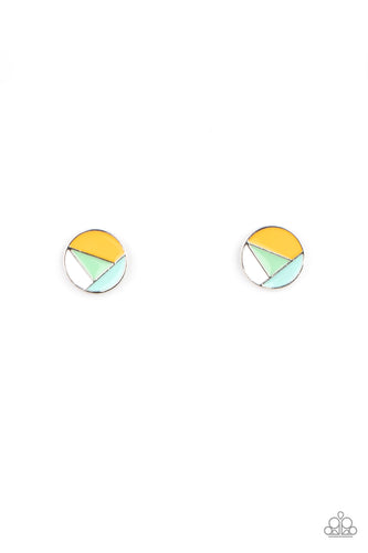 A dainty round frame is painted in Green Ash, Cerulean, Marigold, and white geometric sections, creating an abstract display. Earring attaches to a standard post fitting.