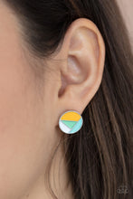 Load image into Gallery viewer, A dainty round frame is painted in Green Ash, Cerulean, Marigold, and white geometric sections, creating an abstract display. Earring attaches to a standard post fitting.
