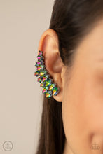 Load image into Gallery viewer, An explosion of marquise-cut oil spill rhinestones delicately climb the ear, coalescing into a smoldering frame. Earring attaches to a standard post fitting. Features a clip-on fitting at the top for a secure fit.
