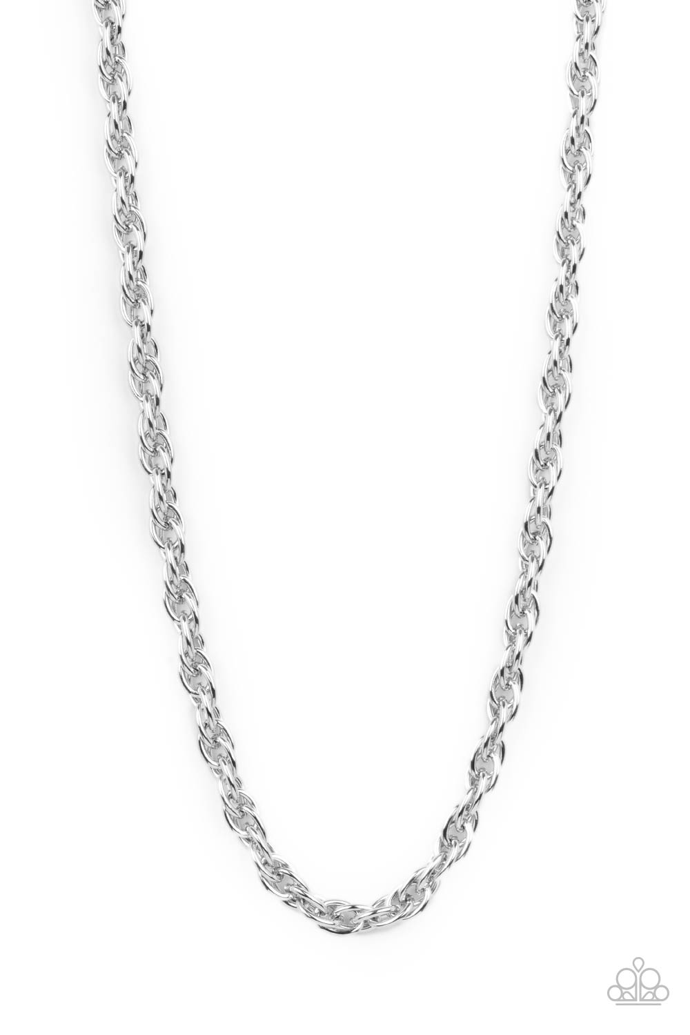 Double linked silver ovals spin into a bold silver chain below the collar, creating an intense industrial display. Features an adjustable clasp closure.
