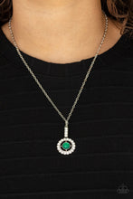 Load image into Gallery viewer, A white rhinestone encrusted fitting attaches to a ring of white rhinestones dotted with a glassy Mint beaded center, creating a twinkly pendant at the bottom of a classic silver chain. Features an adjustable clasp closure. 
