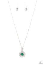 Load image into Gallery viewer, A white rhinestone encrusted fitting attaches to a ring of white rhinestones dotted with a glassy Mint beaded center, creating a twinkly pendant at the bottom of a classic silver chain. Features an adjustable clasp closure. 
