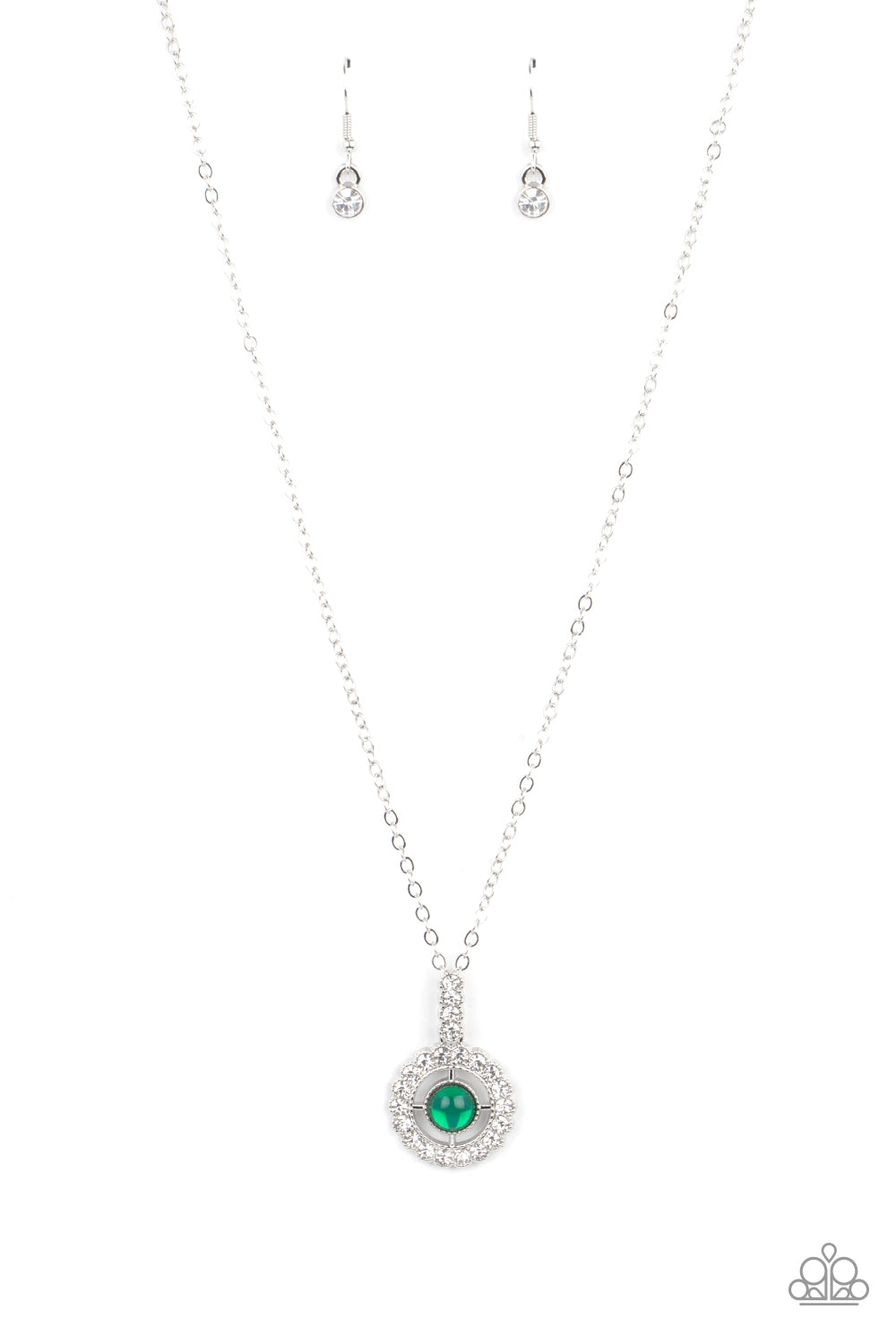 A white rhinestone encrusted fitting attaches to a ring of white rhinestones dotted with a glassy Mint beaded center, creating a twinkly pendant at the bottom of a classic silver chain. Features an adjustable clasp closure. 