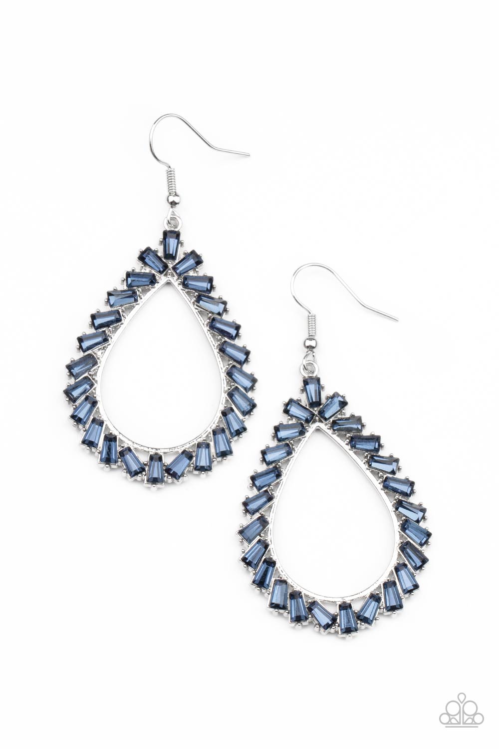 Featuring flared emerald style cuts, a glittery collection of blue gems adorn the front of a silver teardrop for a jaw-dropping dazzle. Earring attaches to a standard fishhook fitting.