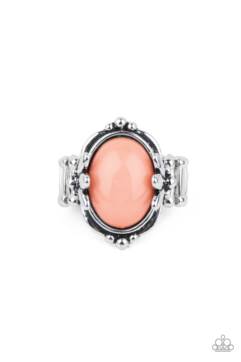 Featuring leafy silver fittings, a bubbly Burnt Coral bead is pressed into the center of a studded silver frame for a trendy pop of color. Features a stretchy band for a flexible fit.
