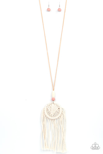 Infused with white and pink wooden beads, white twine-like cording knots into an ornate macramé dreamcatcher-inspired pendant at the bottom of a lengthened piece of tan suede. Features an adjustable clasp closure. 