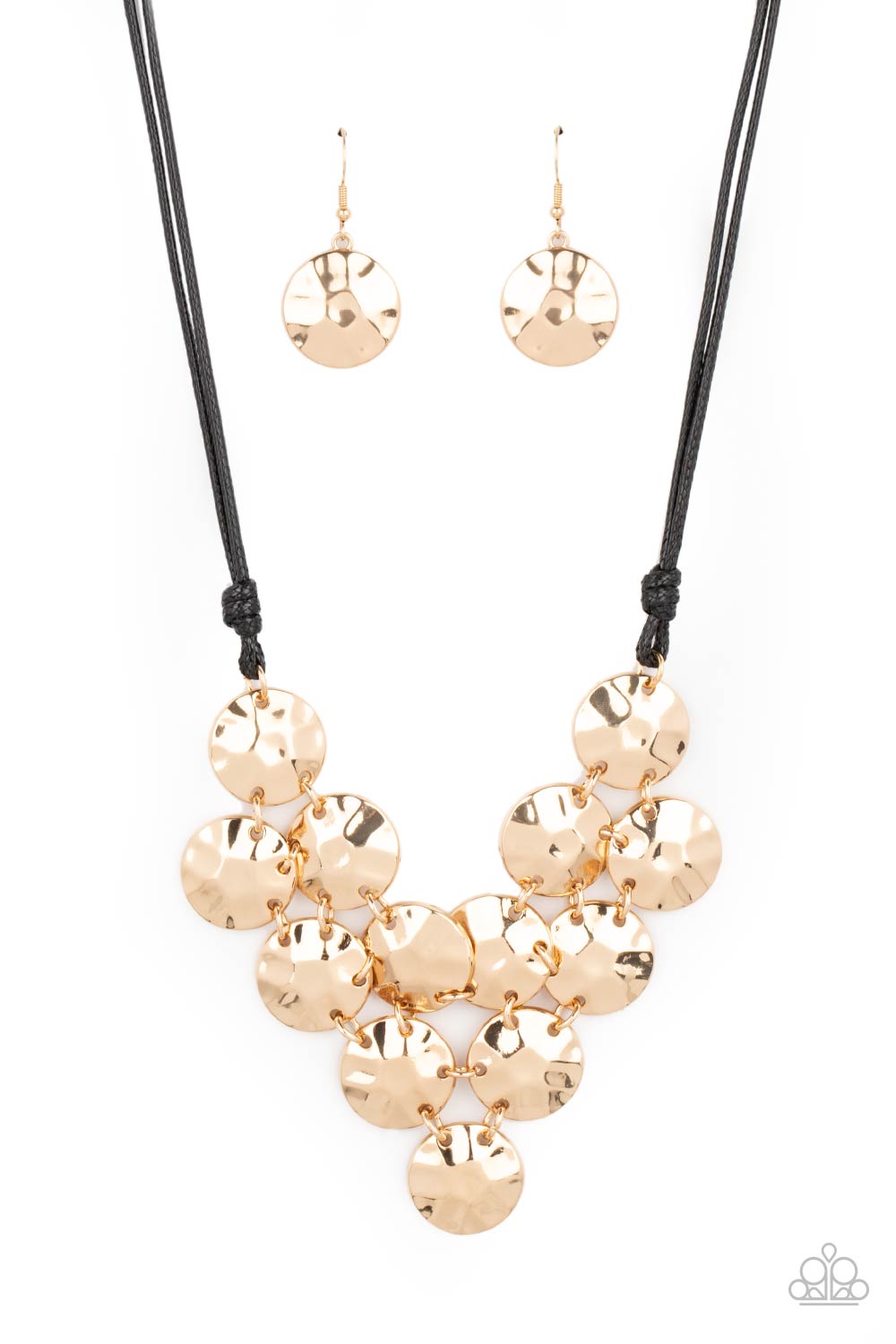 Featuring a hammered finish, a collection of glistening gold discs delicately connect into a netted pendant at the bottom of knotted black cords for a statement-making look. Features an adjustable clasp closure. 