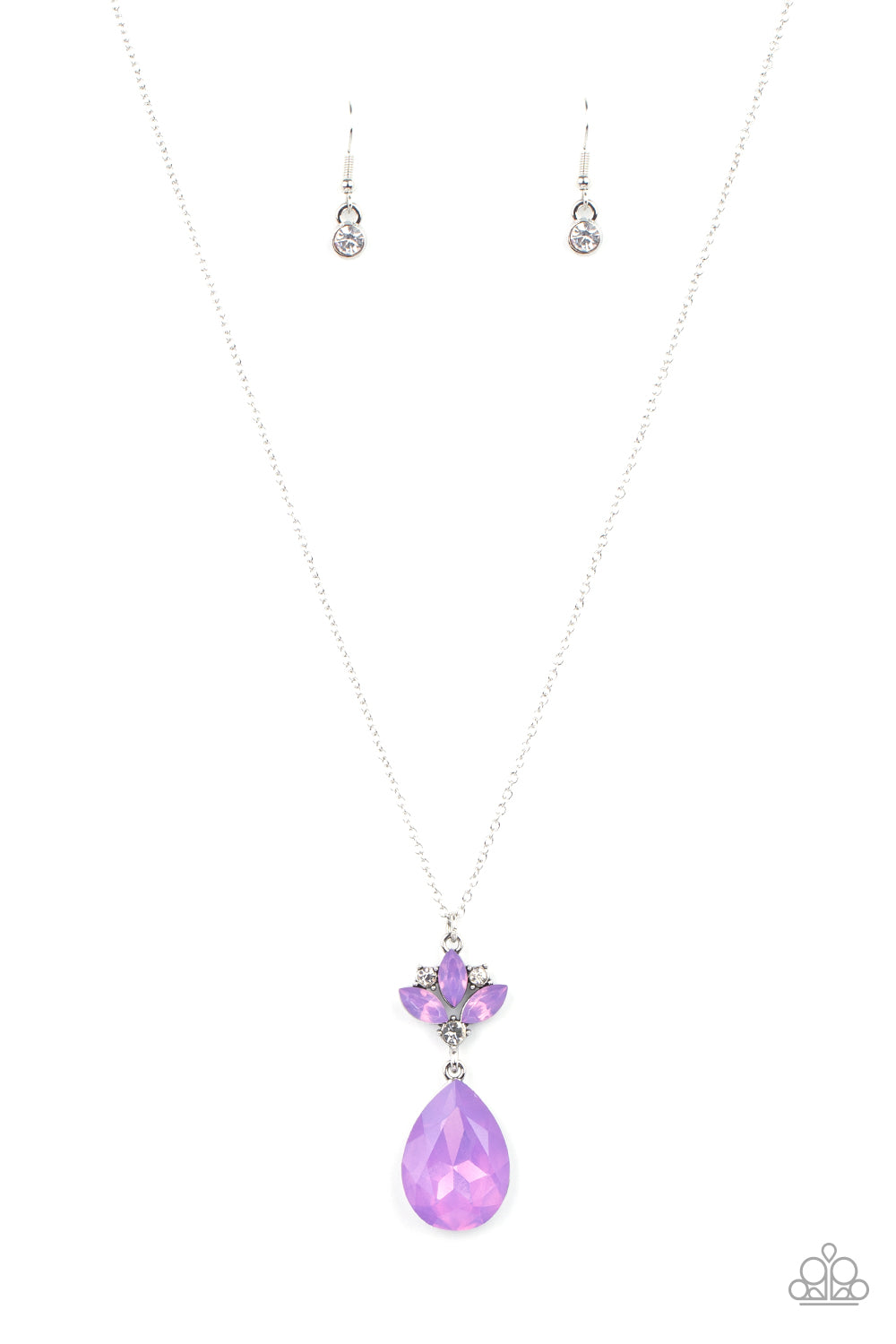  Featuring a dewy iridescence, an oversized Amethyst Orchid teardrop gem swings from a crown of white rhinestones and marquise cut Amethyst Orchid gems, creating a regal pendant below the collar. Features an adjustable clasp closure