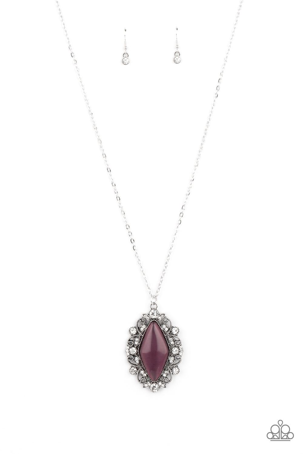 Dotted in glassy white rhinestones, a leafy silver filigree frame blooms from an oversized purple cat's eye stone, creating an enchanted pendant at the bottom of a lengthened silver chain. Features an adjustable clasp closure.