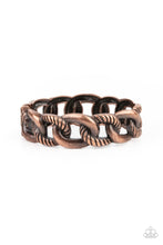 Load image into Gallery viewer, Featuring plain and textured finishes, chunky copper links interconnect into an edgy bangle-like cuff. Features a hinged closure
