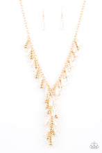 Load image into Gallery viewer, Glassy, pearly, and gold beaded teardrops elegantly drip along a classic gold chain across the chest. Matching beads cascade from an extended tassel, creating a glamorously clustered pendant. Features an adjustable clasp closure.
