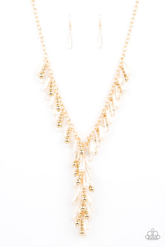 Glassy, pearly, and gold beaded teardrops elegantly drip along a classic gold chain across the chest. Matching beads cascade from an extended tassel, creating a glamorously clustered pendant. Features an adjustable clasp closure.