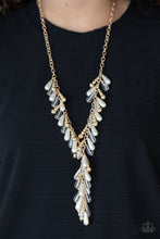 Load image into Gallery viewer, Glassy, pearly, and gold beaded teardrops elegantly drip along a classic gold chain across the chest. Matching beads cascade from an extended tassel, creating a glamorously clustered pendant. Features an adjustable clasp closure.
