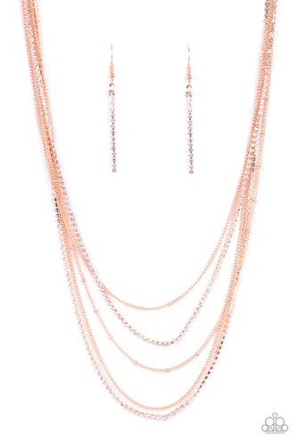 Shimmery strands of dainty white rhinestones mingle with strands of delicate copper chain for a refined and sophisticated look that falls in layers at the collar. Features an adjustable clasp closure.