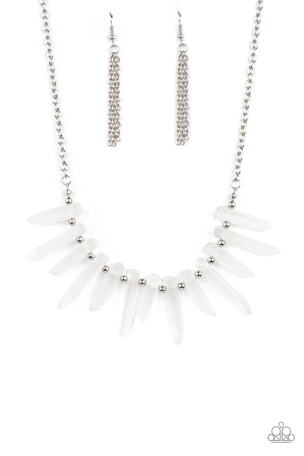Separated by dainty silver beads, an opaque collection of glassy-like icicle beads fan out below the collar, creating an icy fringe. Features an adjustable clasp closure.