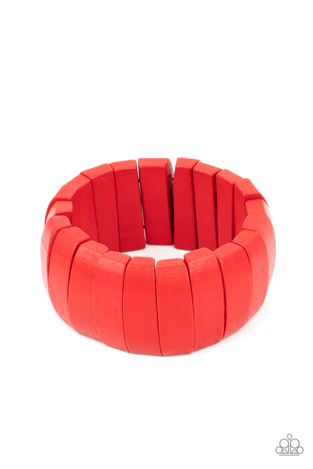 Painted in fiery finishes, a bold collection of red wooden beads are threaded along stretchy bands around the wrist for a colorful display.