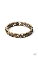 Load image into Gallery viewer, Filled with leafy tropical floral filigree, two antiqued brass frames connect into a whimsical bangle-like cuff around the wrist. Features a hinged closure.
