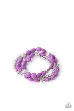 Load image into Gallery viewer, A vivacious collection of purple stone beads, ornate silver accents, and classic silver beads are threaded along stretchy bands around the wrist for a seasonally layered look.
