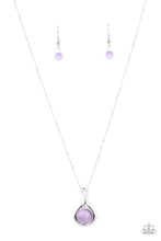 Load image into Gallery viewer, A glowing purple cat&#39;s eye stone is asymmetrically nestled inside a dainty silver fitting, creating an enchanting pendant below the collar. Features an adjustable clasp closure.
