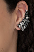 Load image into Gallery viewer, An explosion of marquise-cut hematite rhinestones delicately climb the ear, coalescing into a smoldering frame. Earring attaches to a standard post fitting. Features a clip-on fitting at the top for a secure fit. 
