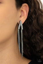Load image into Gallery viewer, Encrusted in double rows of glassy white rhinestones, two glistening gunmetal frames overlap into a v-shaped frame. Flat gunmetal chains stream from the bottom of the glittery frame, creating an edgy tassel. Earring attaches to a standard post fitting.
