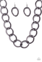 Load image into Gallery viewer, Surprisingly lightweight, enormous hematite links create an intimidating statement as they circle around the collar. The contoured, textured links have a distinctly industrial vibe that demands a second look. Features an adjustable clasp closure. 
