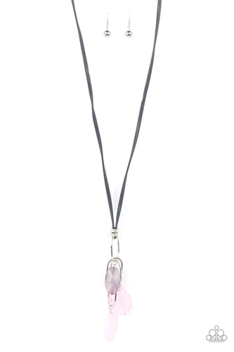 A lively mixture of oversized silver oval links and pink and grey acrylic beads swing from a lengthened gray leather cord. The transparent pink teardrop, cloudy pink octagon, and marbled oval shapes create a flirty statement. Features an adjustable clasp closure.
