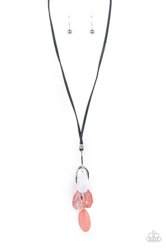  A lively mixture of oversized silver oval links and orange and white acrylic beads swing from a lengthened gray leather cord. The transparent orange teardrop, cloudy orange octagon, and marbled oval shapes create a flirty statement. Features an adjustable clasp closure