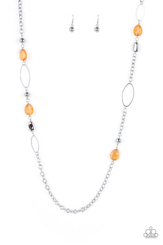Faceted orange teardrop beads, dainty oval hoops, and silver accent beads descend along a silver chain in a whimsical pattern. Features an adjustable clasp closure.
