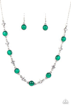 Load image into Gallery viewer, Encased in antiqued silver fittings, dainty white rhinestones and glowing Mint cat&#39;s eye stones delicately link below the collar for a timeless finish. Features an adjustable clasp closure. 
