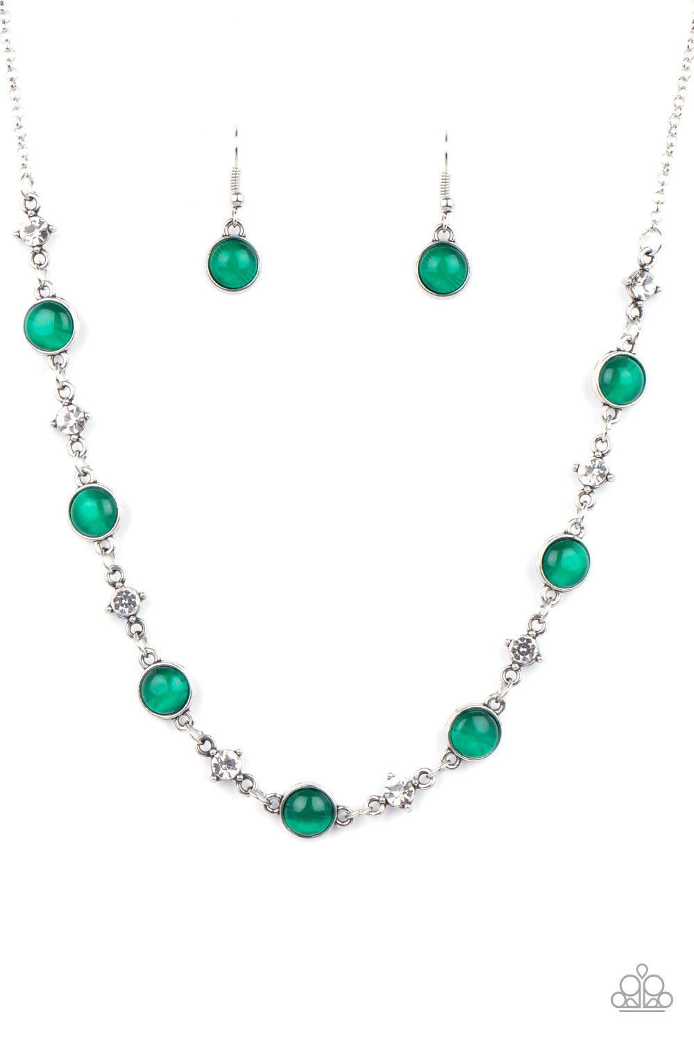 Encased in antiqued silver fittings, dainty white rhinestones and glowing Mint cat's eye stones delicately link below the collar for a timeless finish. Features an adjustable clasp closure. 