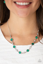 Load image into Gallery viewer, Encased in antiqued silver fittings, dainty white rhinestones and glowing Mint cat&#39;s eye stones delicately link below the collar for a timeless finish. Features an adjustable clasp closure. 
