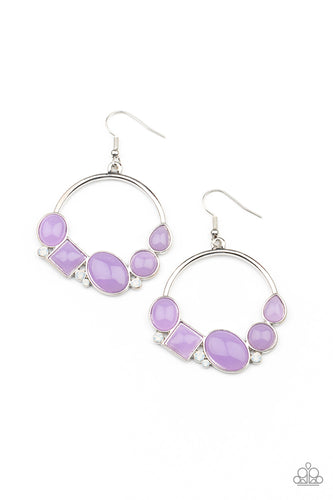 Dainty opalescent white rhinestones are sprinkled between dewy oval, square, and circular purple beads along the bottom of a silver hoop, creating a bubbly pop of color. Earring attaches to a standard fishhook fitting. 