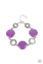 Load image into Gallery viewer, Featuring shiny Amethyst Orchid accents, studded silver circles and shimmery silver floral accents link around the wrist for a colorful display. Features an adjustable clasp closure.
