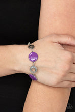 Load image into Gallery viewer, Featuring shiny Amethyst Orchid accents, studded silver circles and shimmery silver floral accents link around the wrist for a colorful display. Features an adjustable clasp closure.
