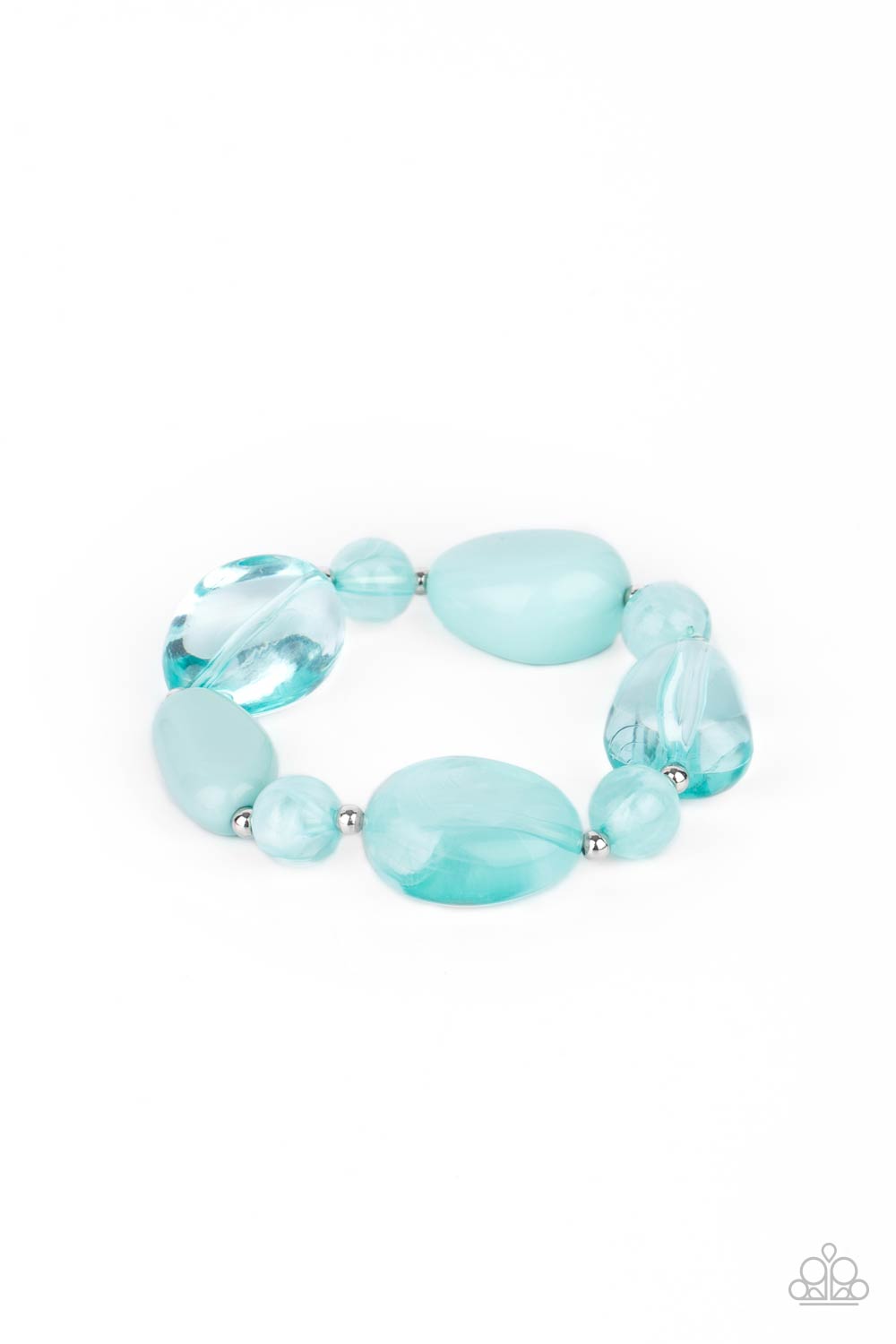Featuring glassy, opaque, and solid finishes, an array of Blue Radiance faux stone beads and dainty silver beads are threaded along a stretchy band around the wrist for a boldly colorful fashion.