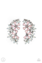 Load image into Gallery viewer, Featuring a milky opalescence, white marquise and pink teardrop rhinestones coalesce into a sparkly floral centerpiece that flawlessly climbs the ear. Earring attaches to a standard post fitting. Features a dainty cuff attached to the top for a secure fit.
