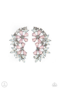 Featuring a milky opalescence, white marquise and pink teardrop rhinestones coalesce into a sparkly floral centerpiece that flawlessly climbs the ear. Earring attaches to a standard post fitting. Features a dainty cuff attached to the top for a secure fit.