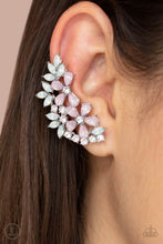 Load image into Gallery viewer, Featuring a milky opalescence, white marquise and pink teardrop rhinestones coalesce into a sparkly floral centerpiece that flawlessly climbs the ear. Earring attaches to a standard post fitting. Features a dainty cuff attached to the top for a secure fit.
