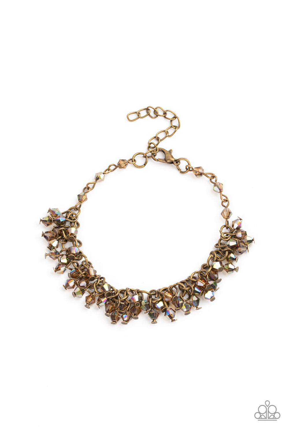 Dainty brassy tone-on-tone iridescent beads swing from a classic brass chain, creating a clustered fringe around the wrist. Features an adjustable clasp closure.