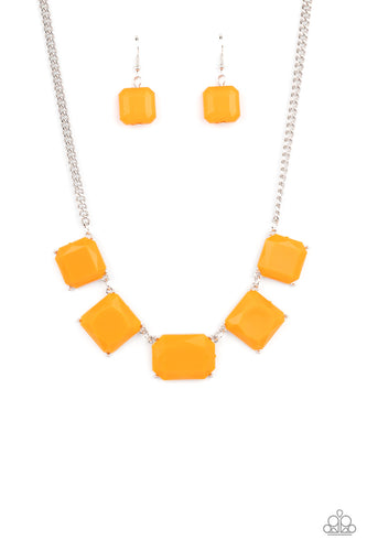 Varying in shape, faceted Marigold acrylic frames delicately link below the collar, creating a vivacious display. Features an adjustable clasp closure. 