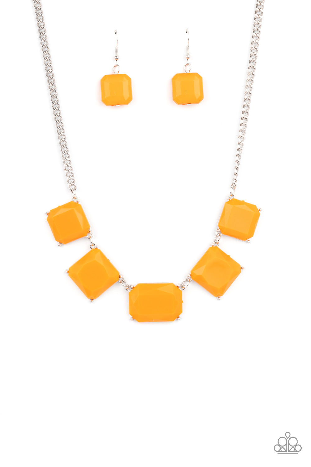 Varying in shape, faceted Marigold acrylic frames delicately link below the collar, creating a vivacious display. Features an adjustable clasp closure. 