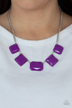 Load image into Gallery viewer, Varying in shape, faceted Amethyst Orchid acrylic frames delicately link below the collar, creating a vivacious display. Features an adjustable clasp closure. 
