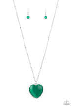 Load image into Gallery viewer, An oversized Mint cat&#39;s eye stone frame swings from the bottom of a lengthened silver chain, creating a flirtatious pendant. Features an adjustable clasp closure.
