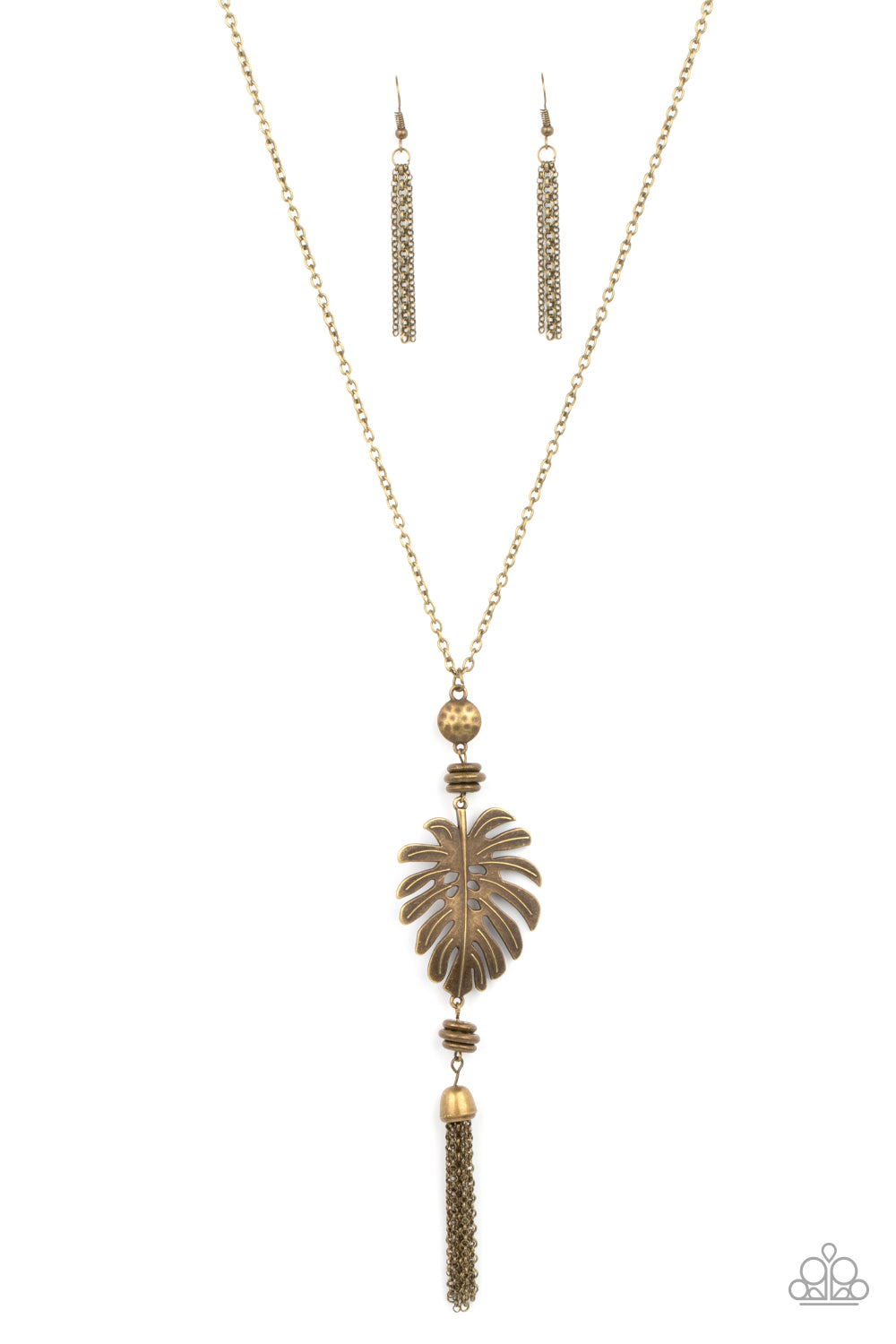 Infused with brass beaded accents, a lifelike brass palm leaf frame attaches to the bottom of a rustic brass chain. An antiqued brass chain tassel swings from the bottom, adding flirtatious movement to the summery statement piece. Features an adjustable clasp closure. 